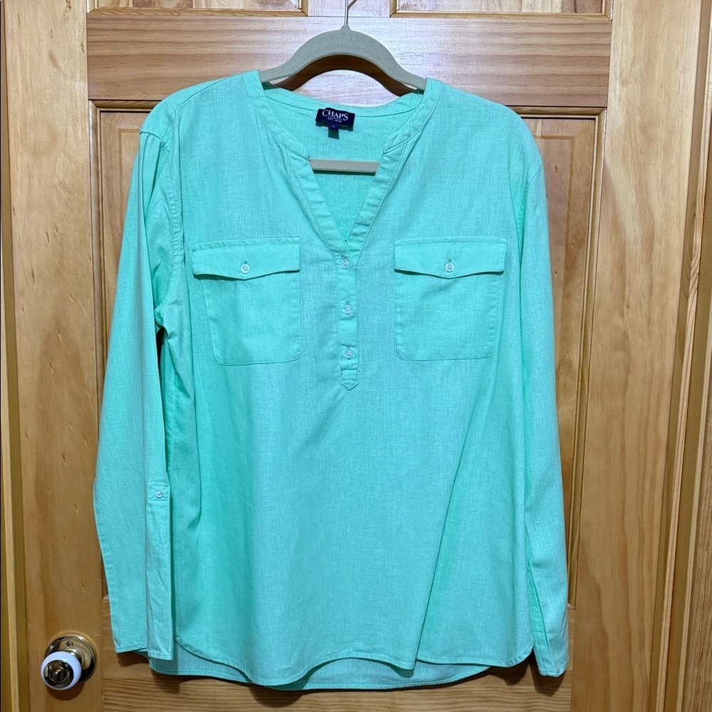 Chaps Mint Green Button-Up Linen Blend Tunic Shirt, Size XL, Button Tab Sleeves.